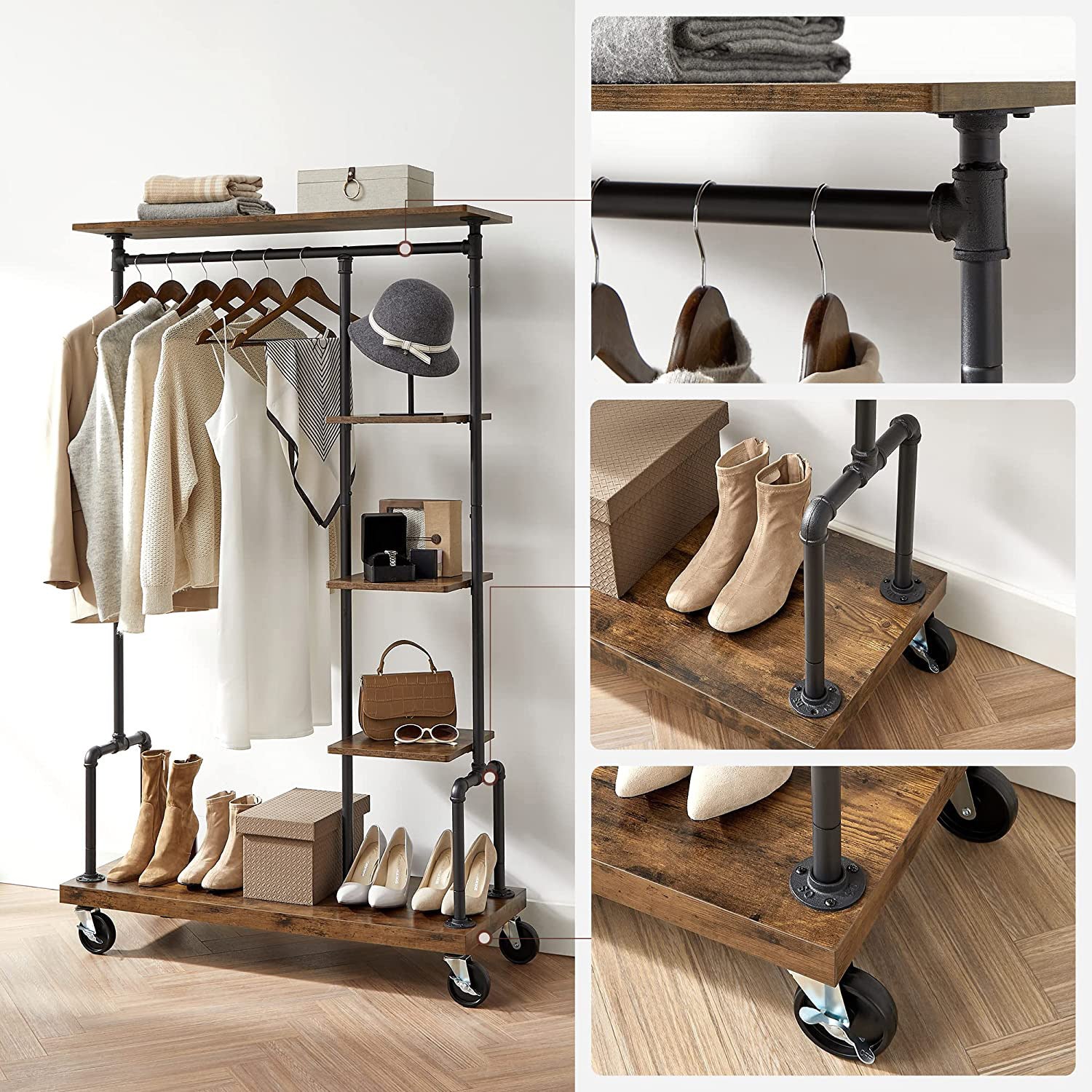 5-Tier Rolling Garment Organiser - Metal Frame - Brown and Black - Versatile Clothes Storage Rack for Laundry Room and Bedroom