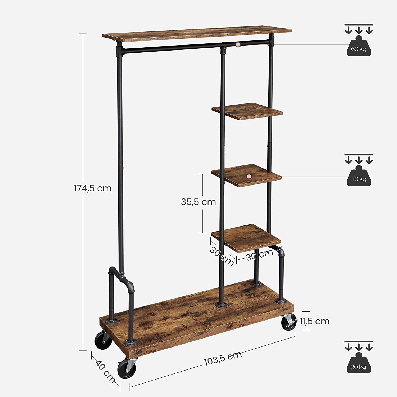 5-Tier Rolling Garment Organiser - Metal Frame - Brown and Black - Versatile Clothes Storage Rack for Laundry Room and Bedroom