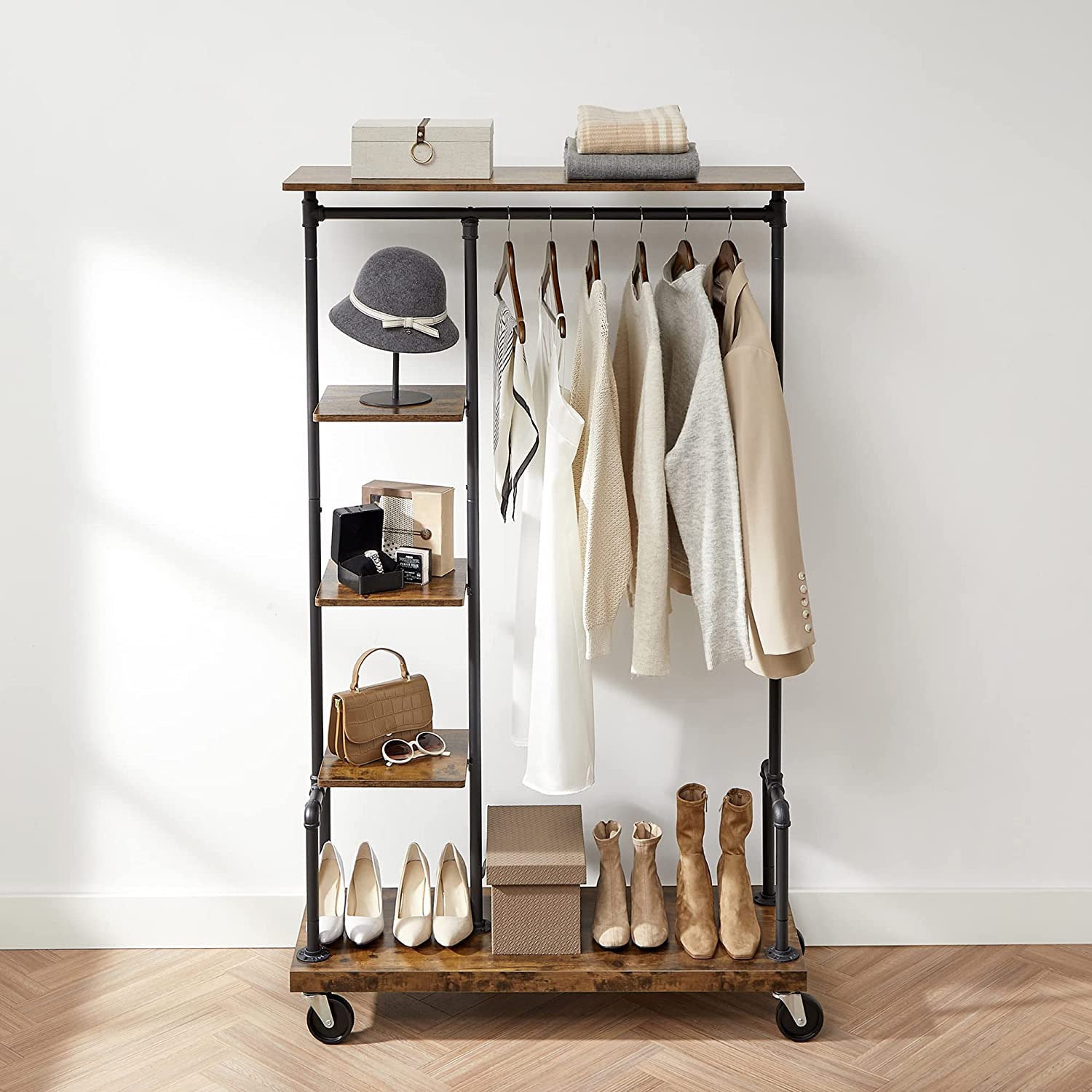 5-Tier Rolling Garment Organiser - Metal Frame - Brown and Black - Versatile Clothes Storage Rack for Laundry Room and Bedroom