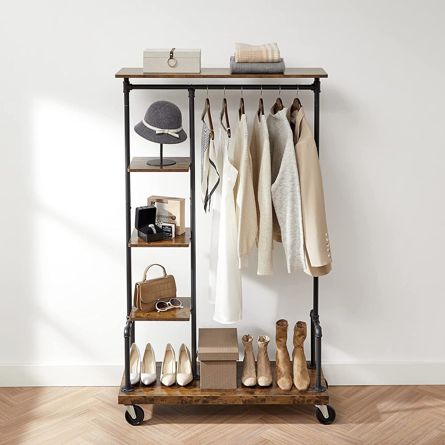 5-Tier Rolling Garment Organiser - Metal Frame - Brown and Black - Versatile Clothes Storage Rack for Laundry Room and Bedroom
