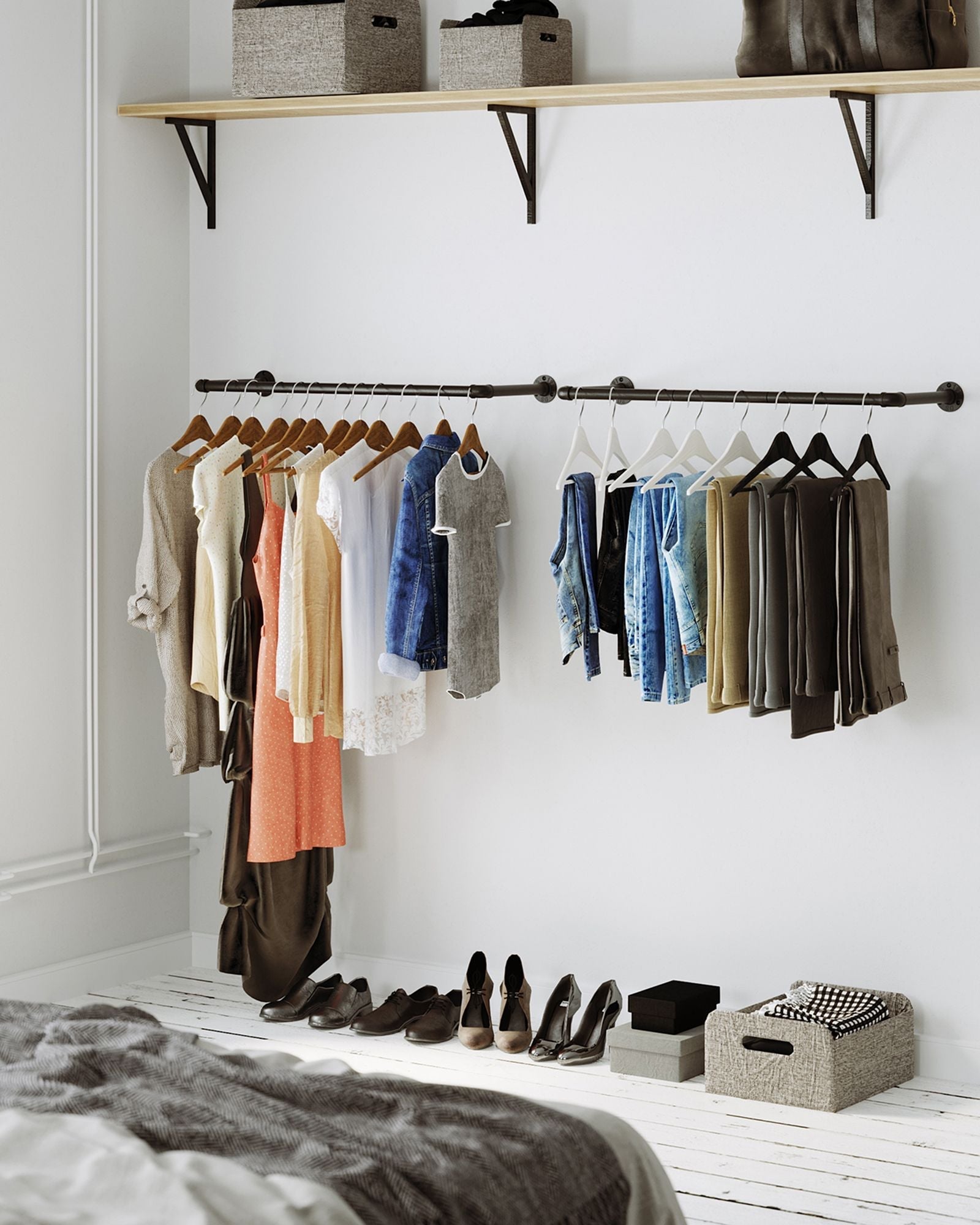 Wall-Mounted Clothes Rack Set - Metal - Black - Industrial Pipe Design