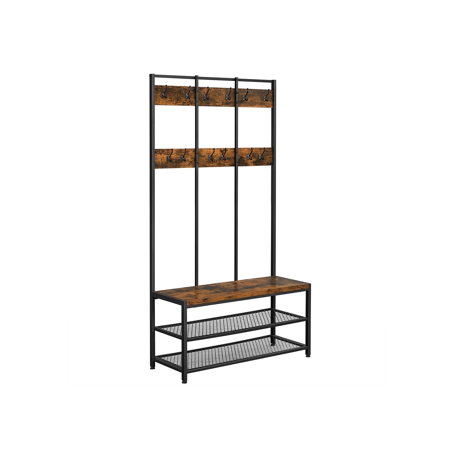 Large Coat Rack Stand - Iron - 12 Hooks and Shoe Bench