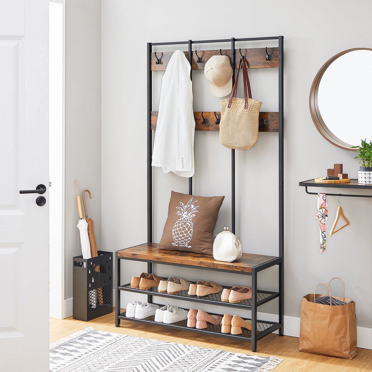 Large Coat Rack Stand - Iron - 12 Hooks and Shoe Bench