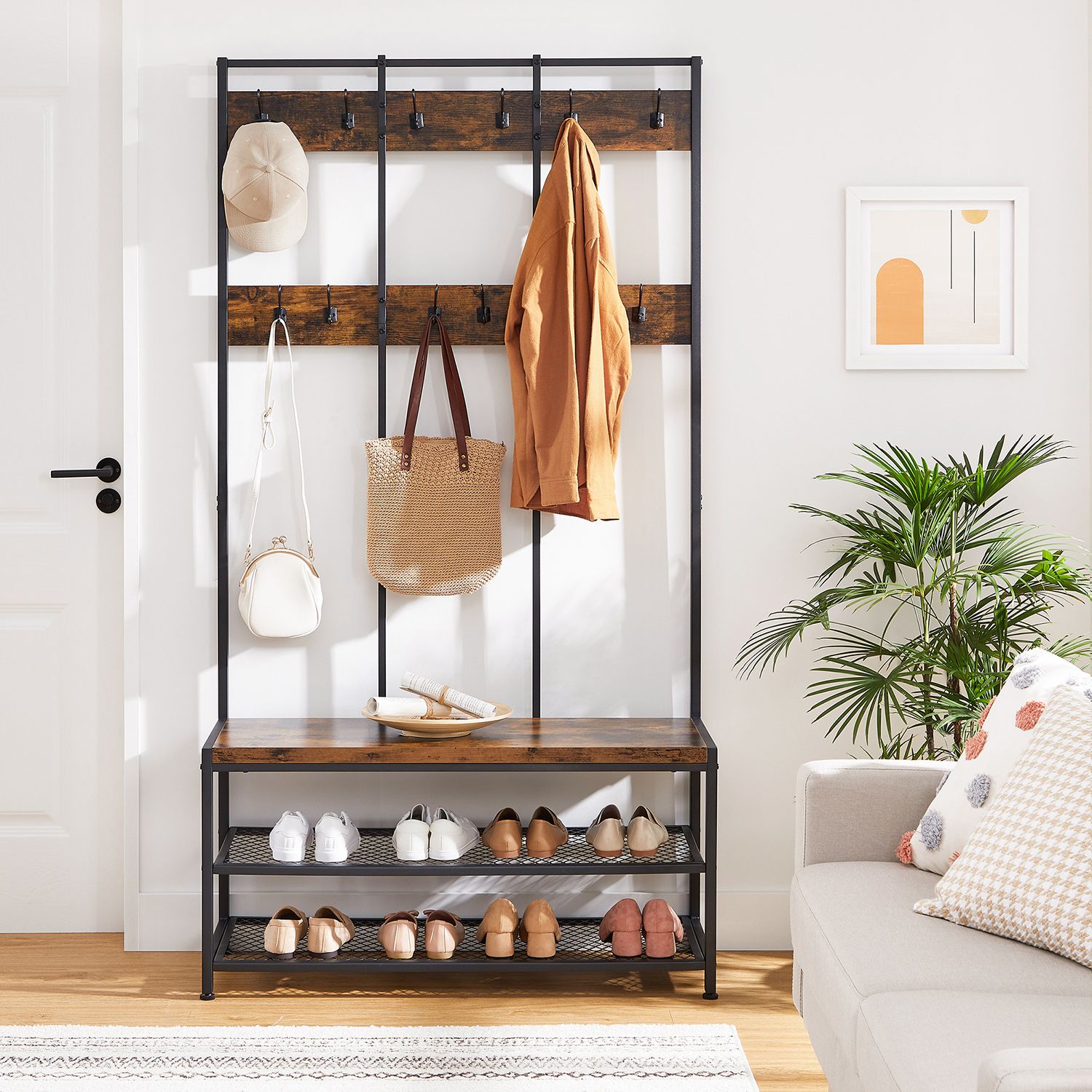 Large Coat Rack Stand - Iron - 12 Hooks and Shoe Bench