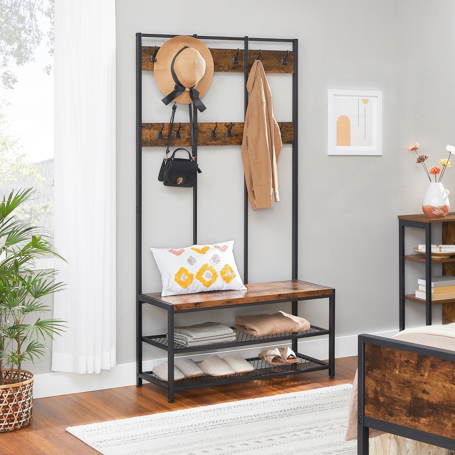 Large Coat Rack Stand - Iron - 12 Hooks and Shoe Bench
