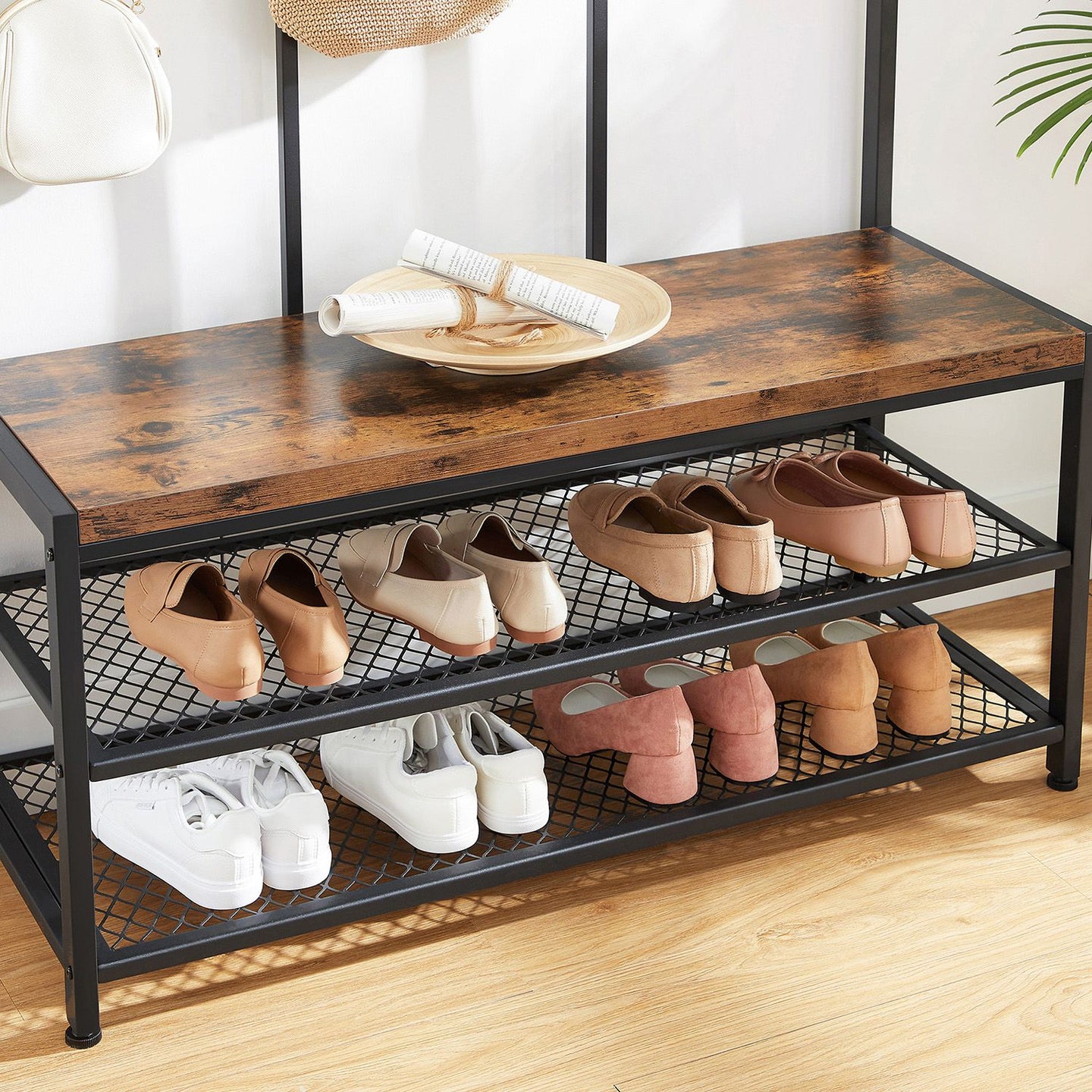 Large Coat Rack Stand - Iron - 12 Hooks and Shoe Bench
