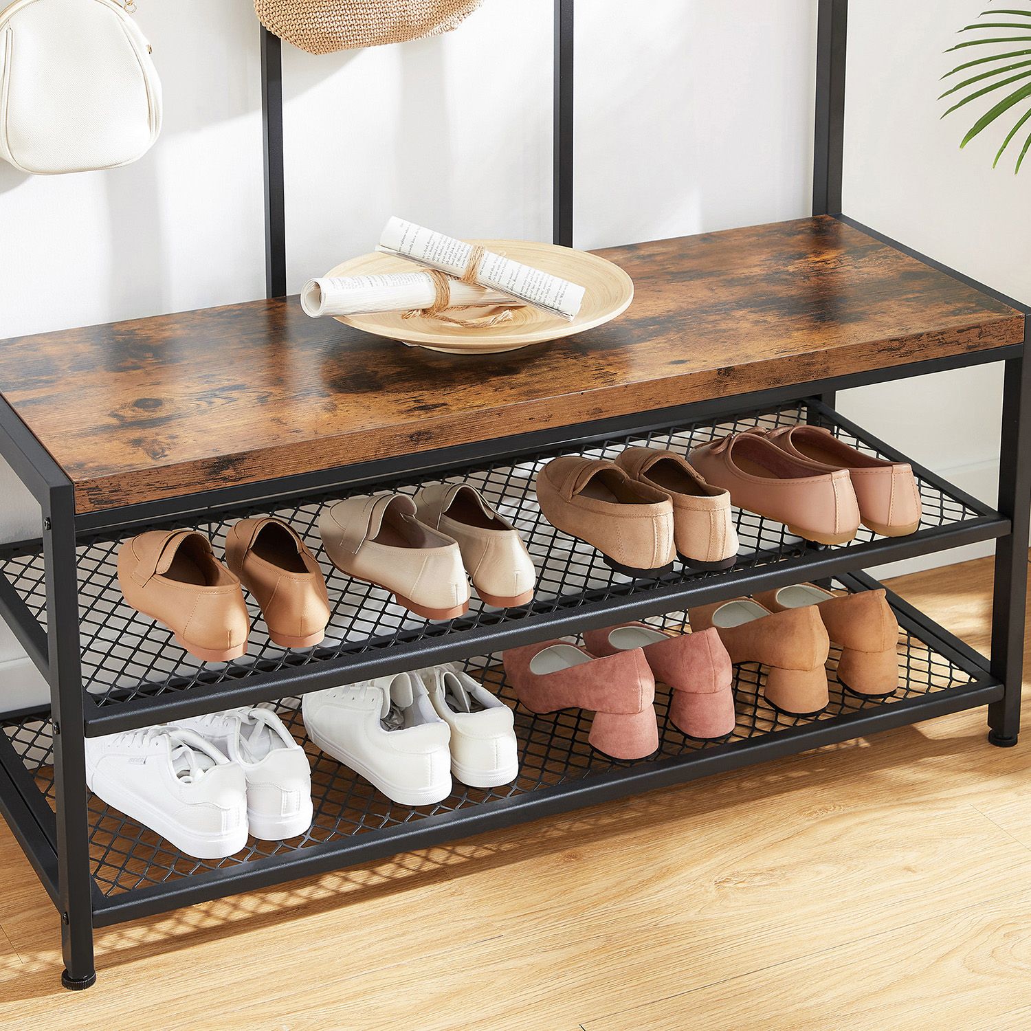 Large Coat Rack Stand - Particleboard and Iron - Rustic Brown