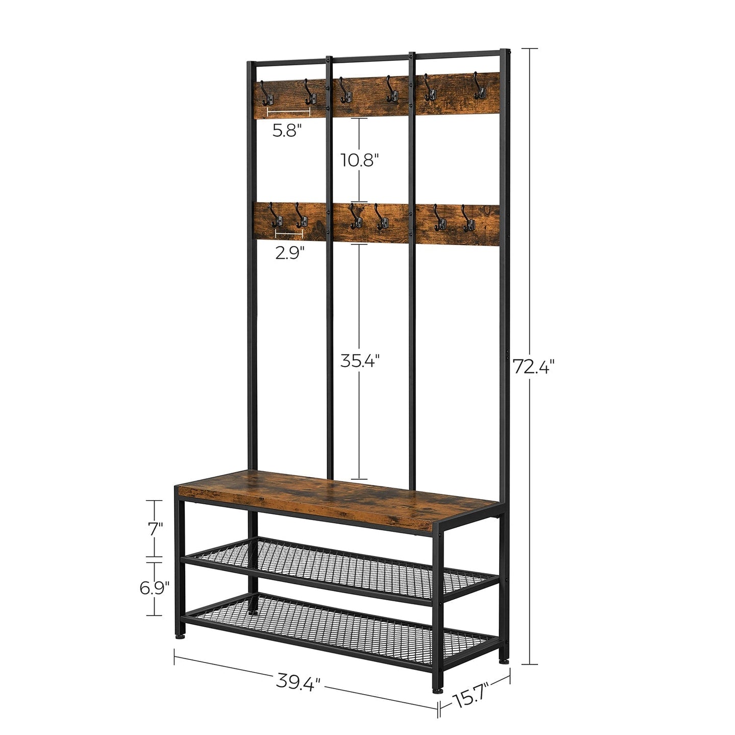 Large Coat Rack Stand - Iron - 12 Hooks and Shoe Bench