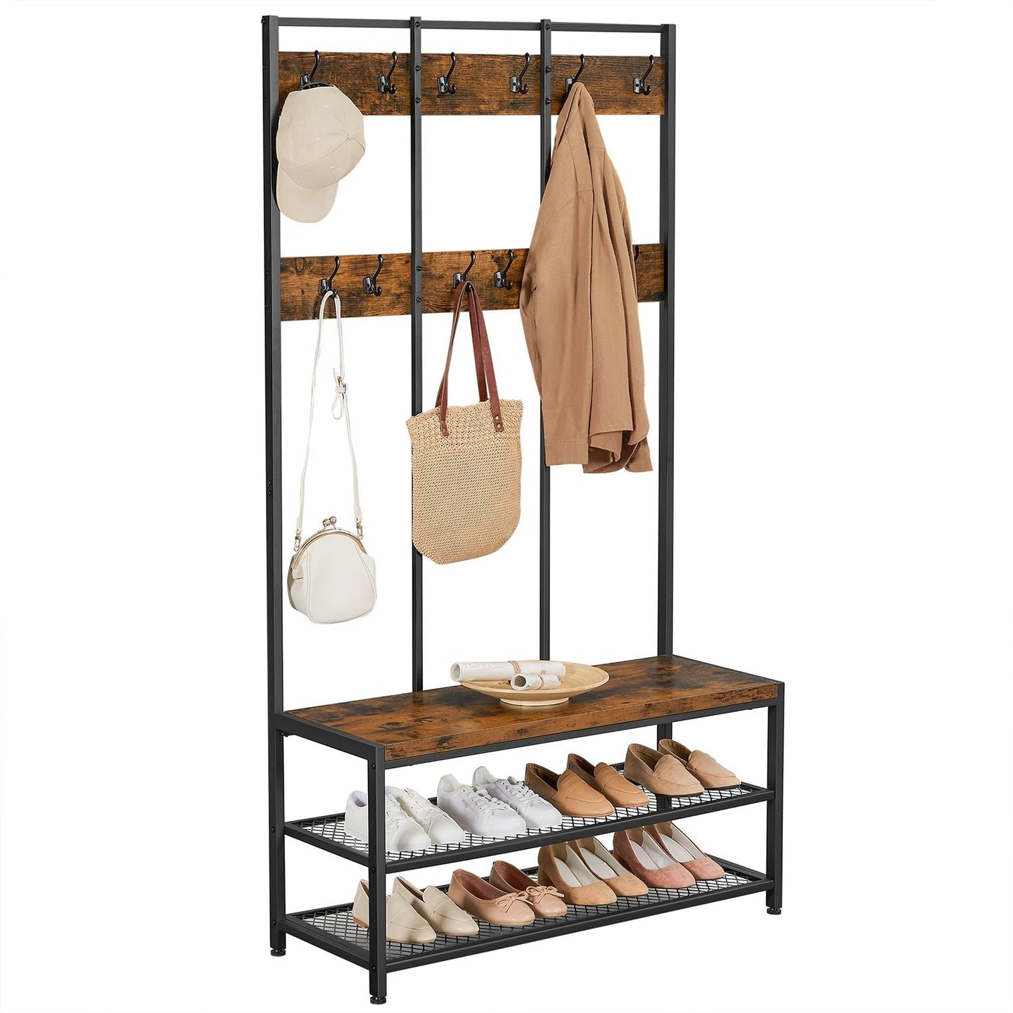 Large Coat Rack Stand - Iron - 12 Hooks and Shoe Bench