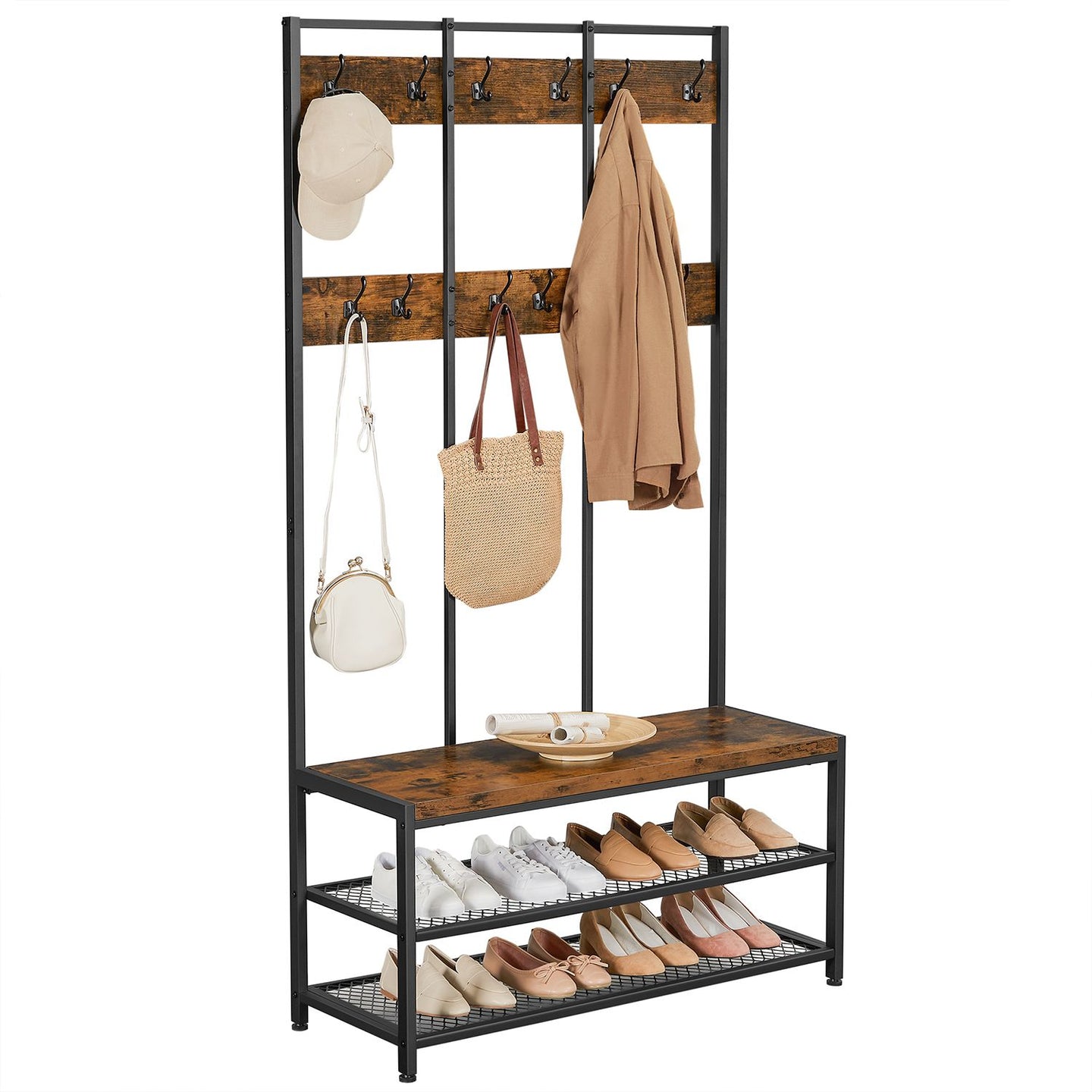 Large Coat Rack Stand - Particleboard and Iron - Rustic Brown