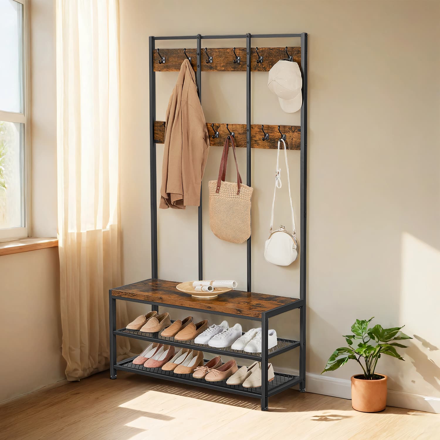 Coat and Shoe Rack - Iron - Brown