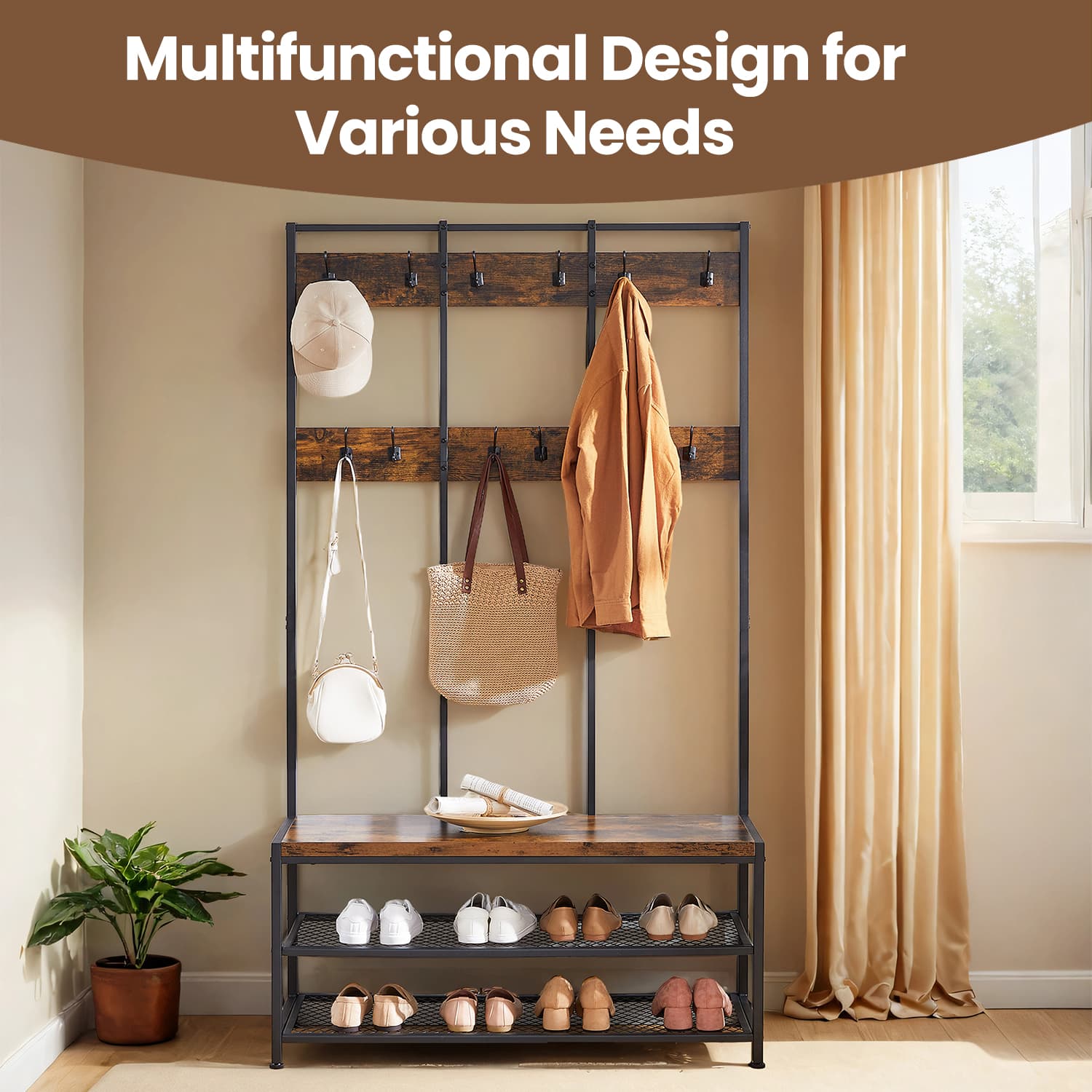 Coat and Shoe Rack - Iron - Brown