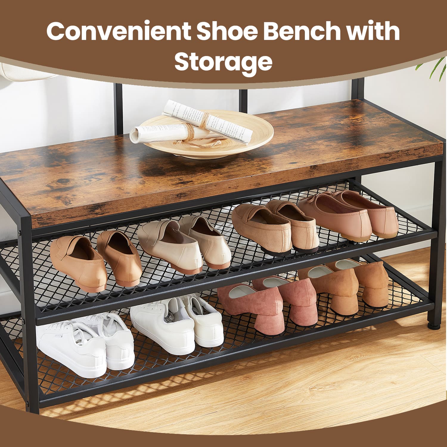 Coat and Shoe Rack - Iron - Brown