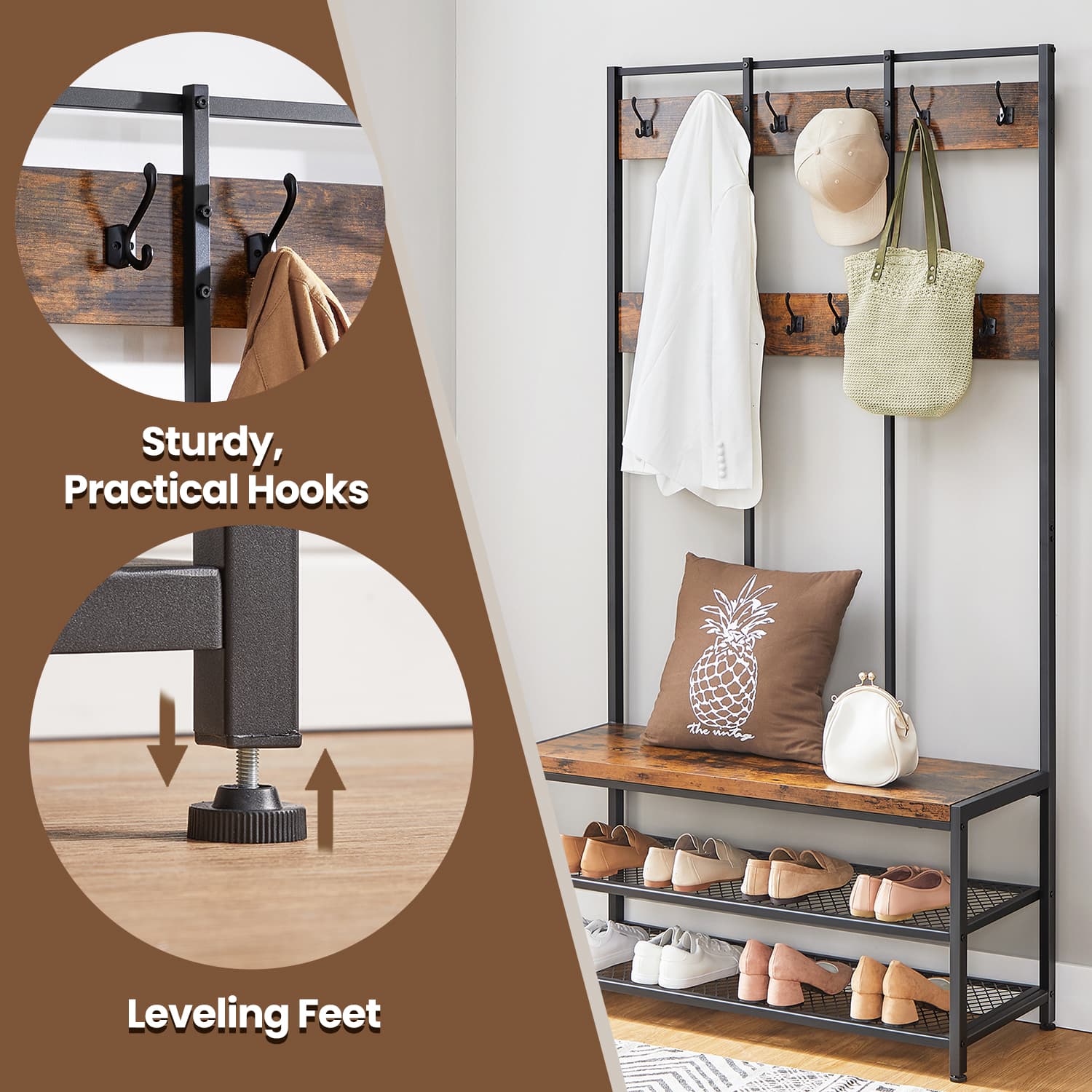 Coat and Shoe Rack - Iron - Brown