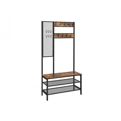 Coat Stand - Metal - Rustic Brown - Multi-Functional with Grid Wall and Mesh Shelves