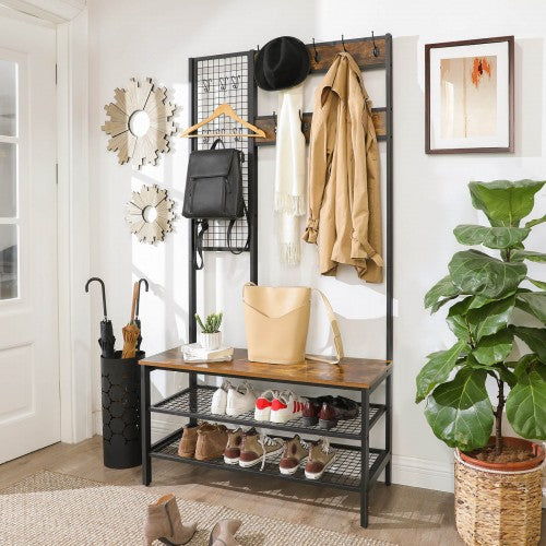 Coat Stand - Metal - Rustic Brown - Multi-Functional with Grid Wall and Mesh Shelves