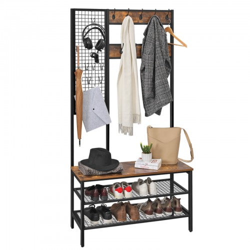 Coat Stand - Metal - Rustic Brown - Multi-Functional with Grid Wall and Mesh Shelves