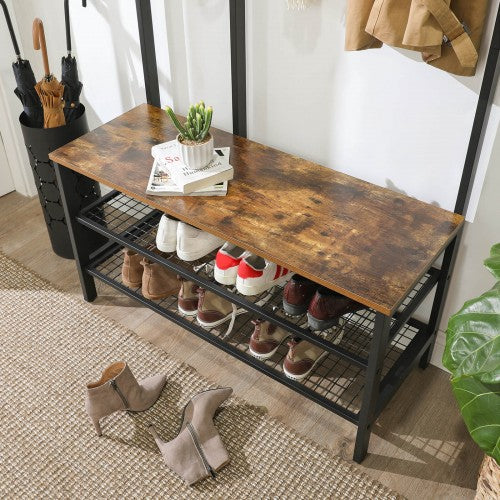 Coat Stand - Metal - Rustic Brown - Multi-Functional with Grid Wall and Mesh Shelves