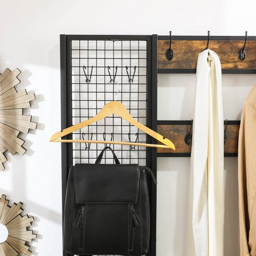 Coat Stand - Metal - Rustic Brown - Multi-Functional with Grid Wall and Mesh Shelves