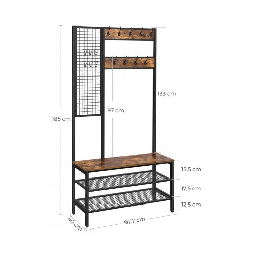 Coat Stand - Metal - Rustic Brown - Multi-Functional with Grid Wall and Mesh Shelves