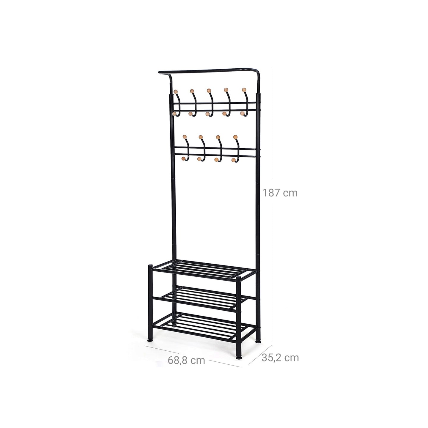 Hall Tree - Metal - Black - Multi-Purpose Entryway Organizer with Coat Stand and Shoe Rack