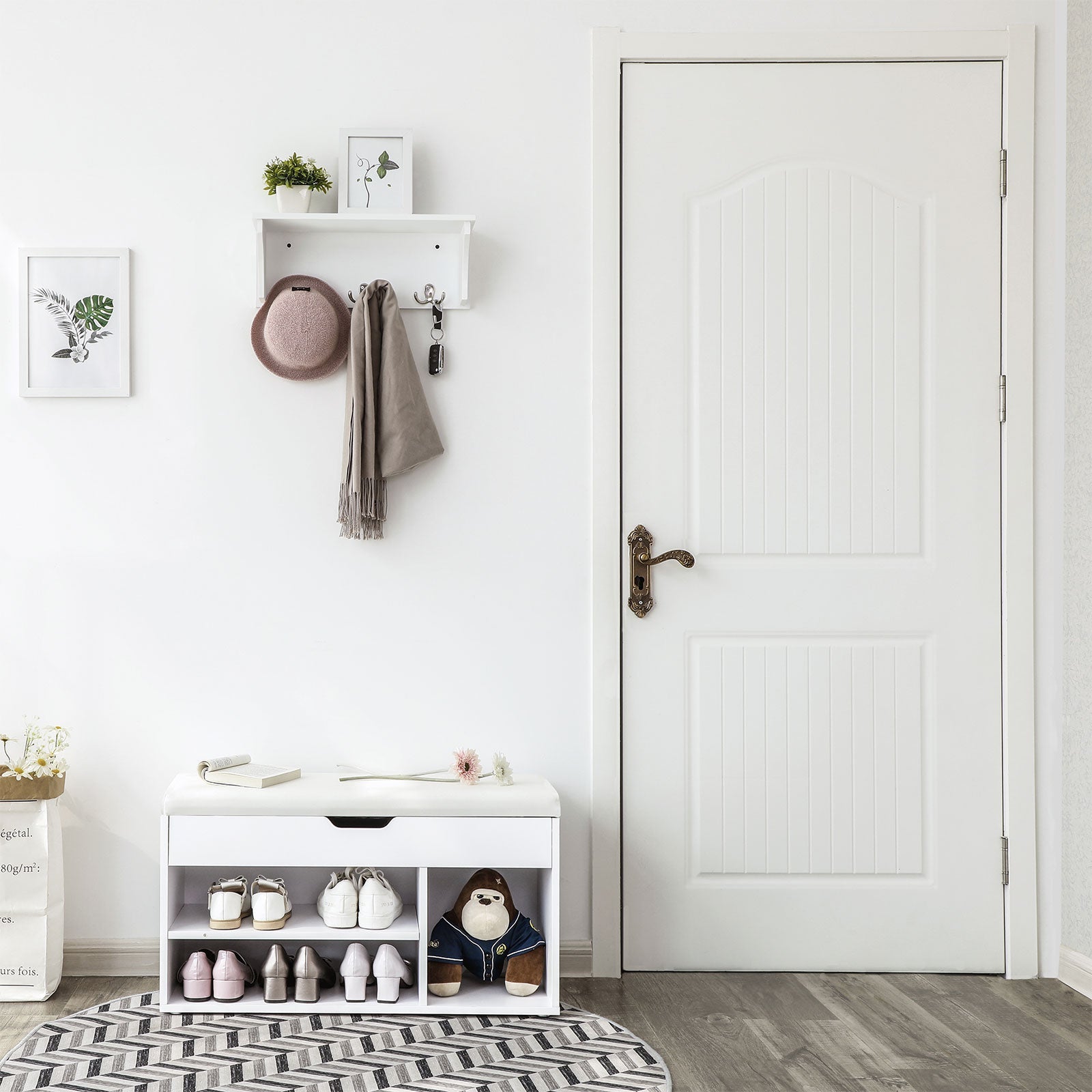 Hallway Cabinet Shoe Bench - Wood - White - Storage with Shelves and Hidden Chest