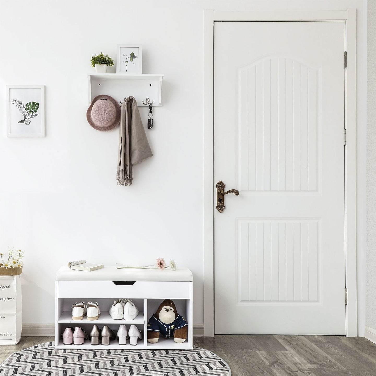 Hallway Cabinet Shoe Bench - Wood - White - Storage with Shelves and Hidden Chest