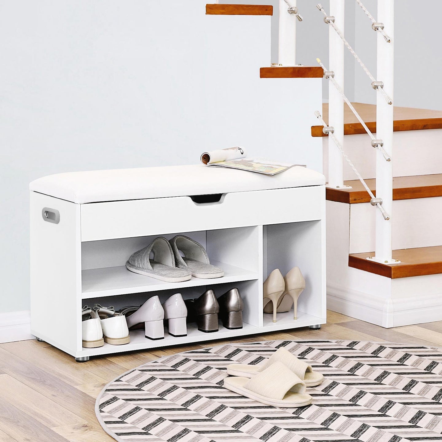 Hallway Cabinet Shoe Bench - Wood - White - Storage with Shelves and Hidden Chest