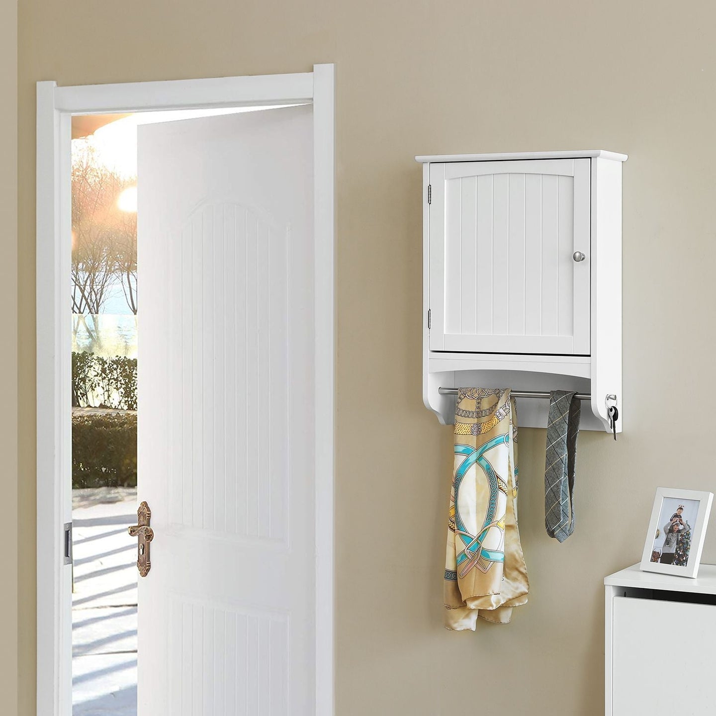 Wooden Wall Storage Cabinet - White - Adjustable Shelf with Towel Rod