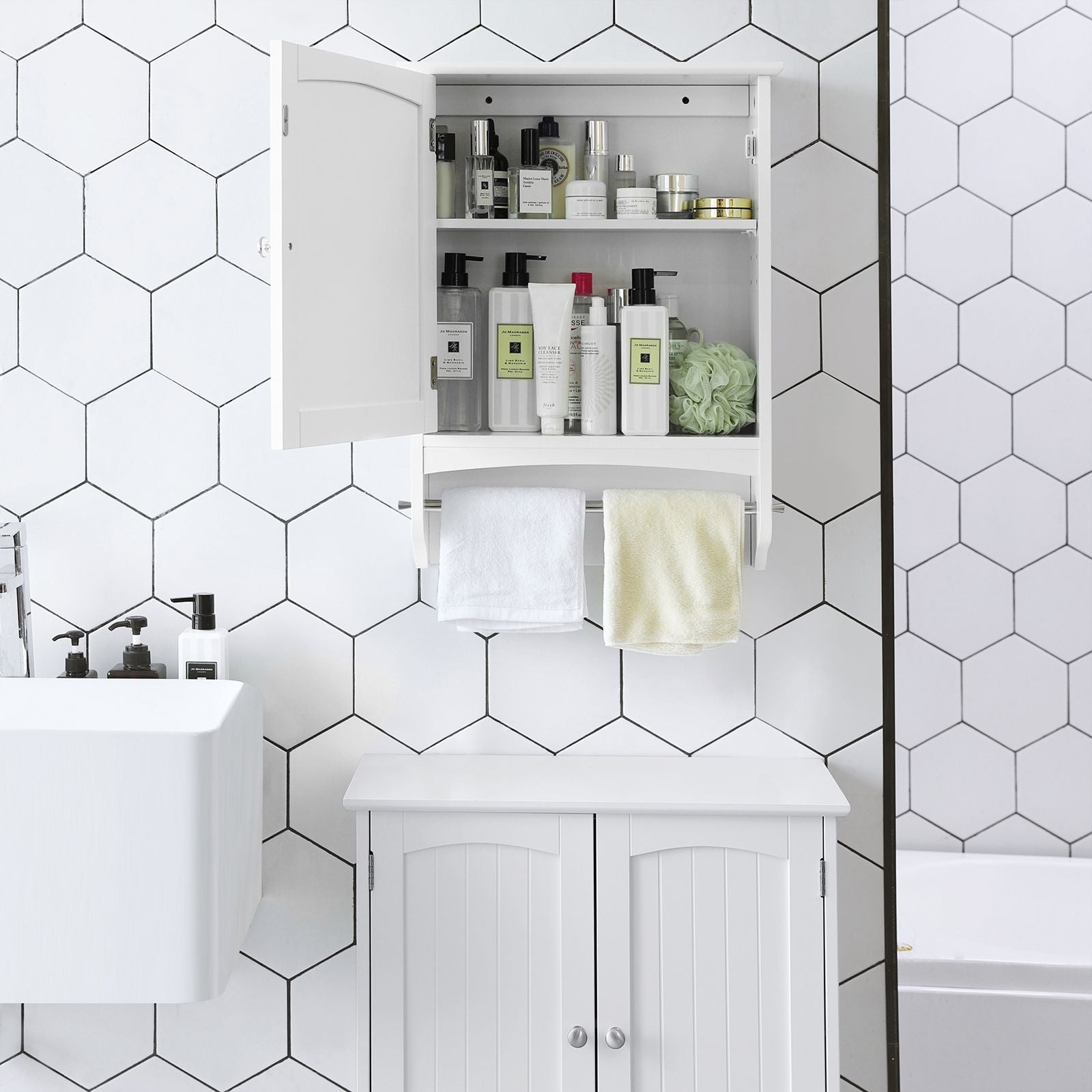 Wooden Wall Storage Cabinet - White - Adjustable Shelf with Towel Rod