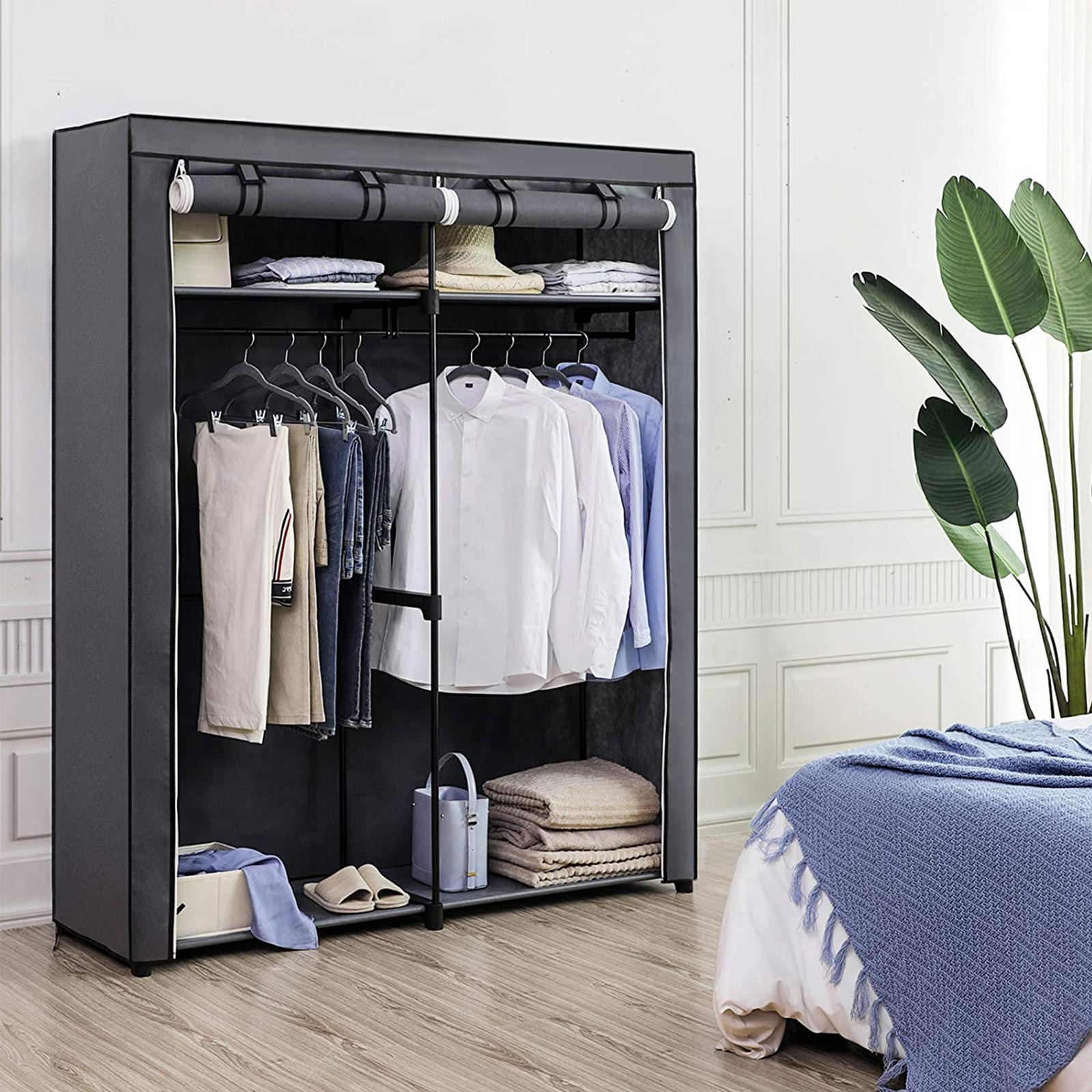 Portable Wardrobe - Fabric - Grey - Foldable with Hanging Rods