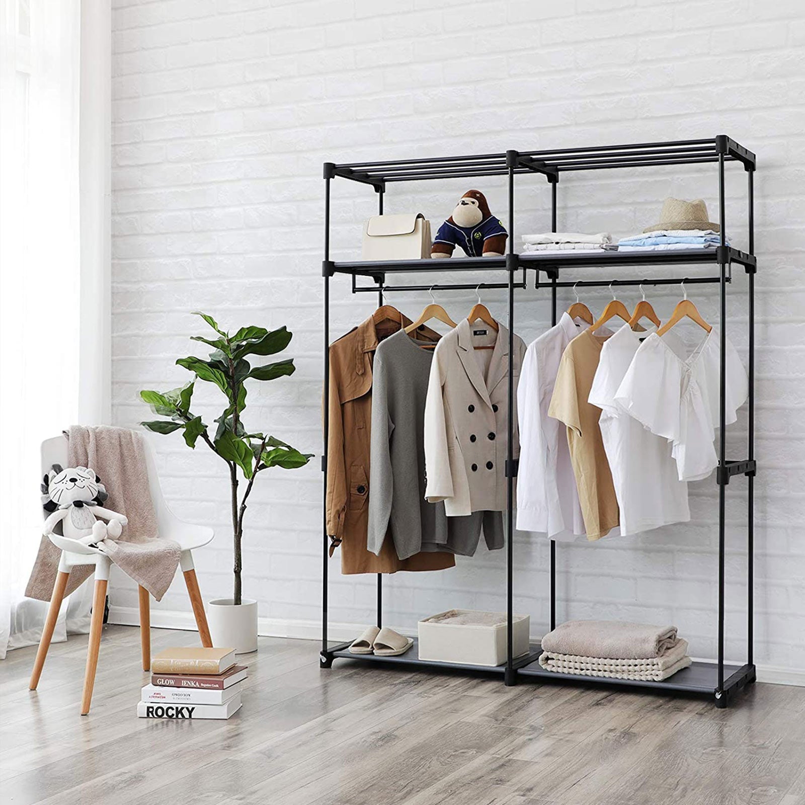 Portable Wardrobe - Fabric - Grey - Foldable with Hanging Rods