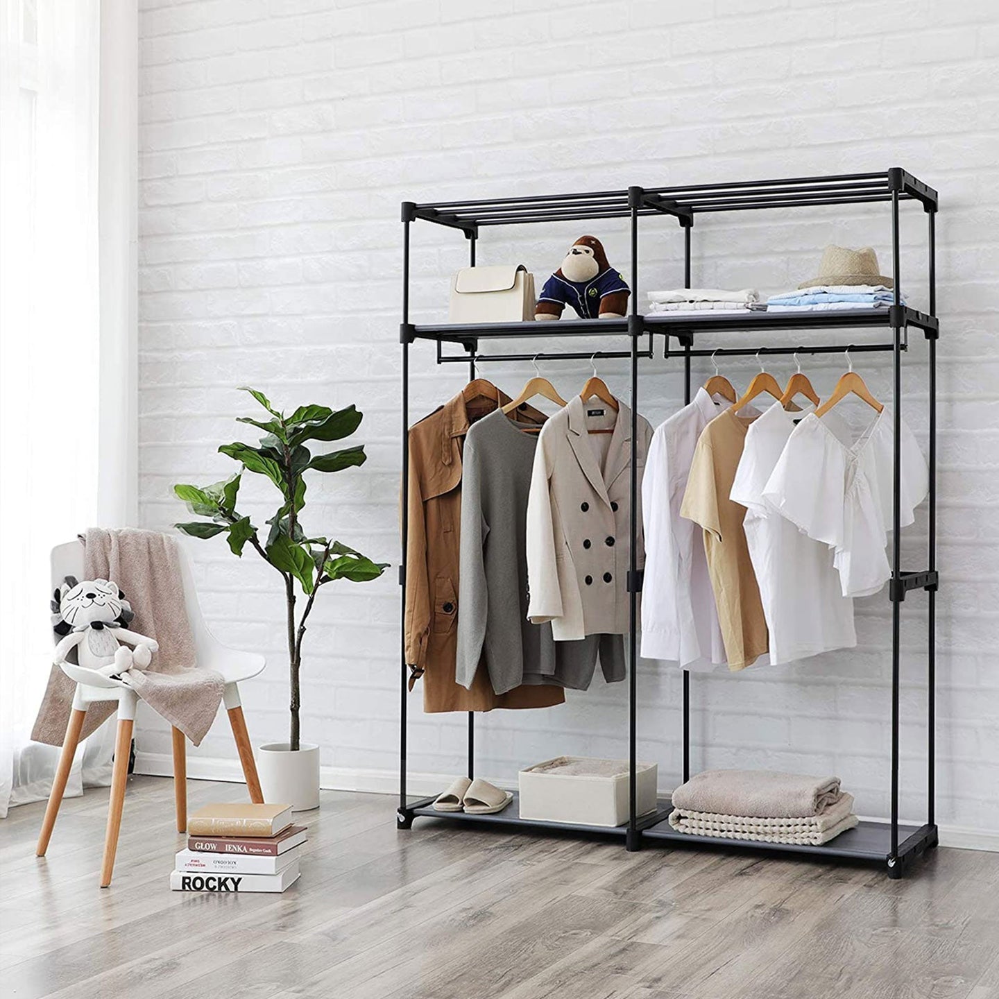 Portable Wardrobe - Fabric - Grey - Foldable with Hanging Rods