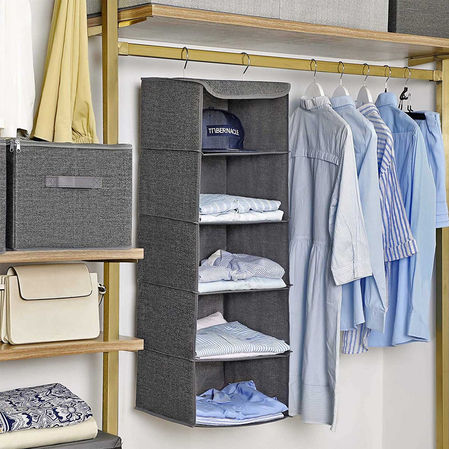Hanging Storage Shelves - Fabric - Grey - 6-Tier Wardrobe Closet Organizer with Clips