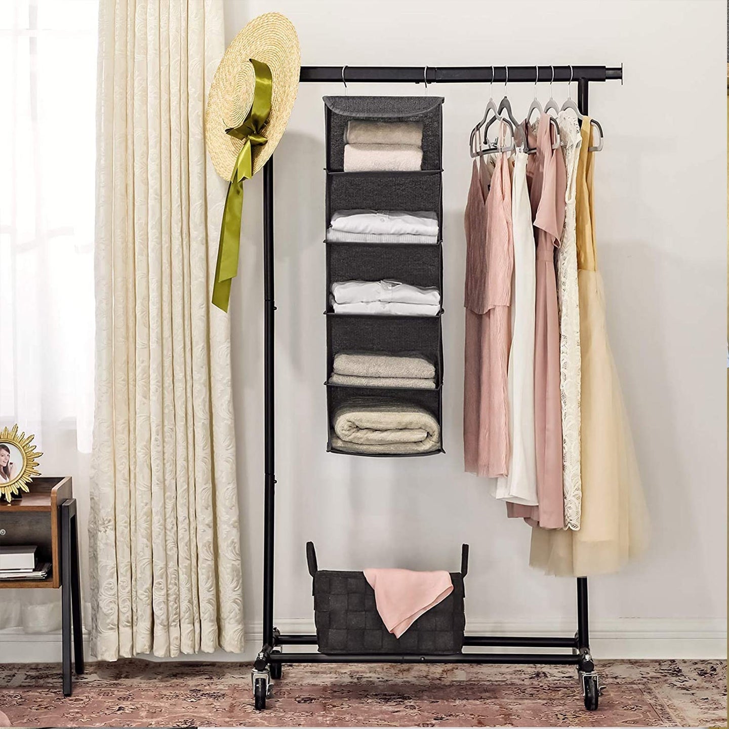 Hanging Storage Shelves - Fabric - Grey - 6-Tier Wardrobe Closet Organizer with Clips