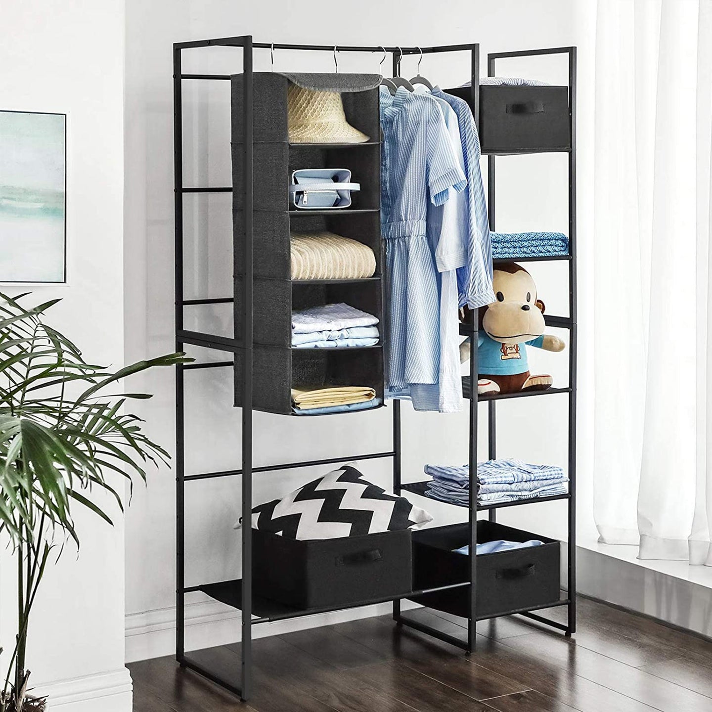 Hanging Storage Shelves - Fabric - Grey - 6-Tier Wardrobe Closet Organizer with Clips