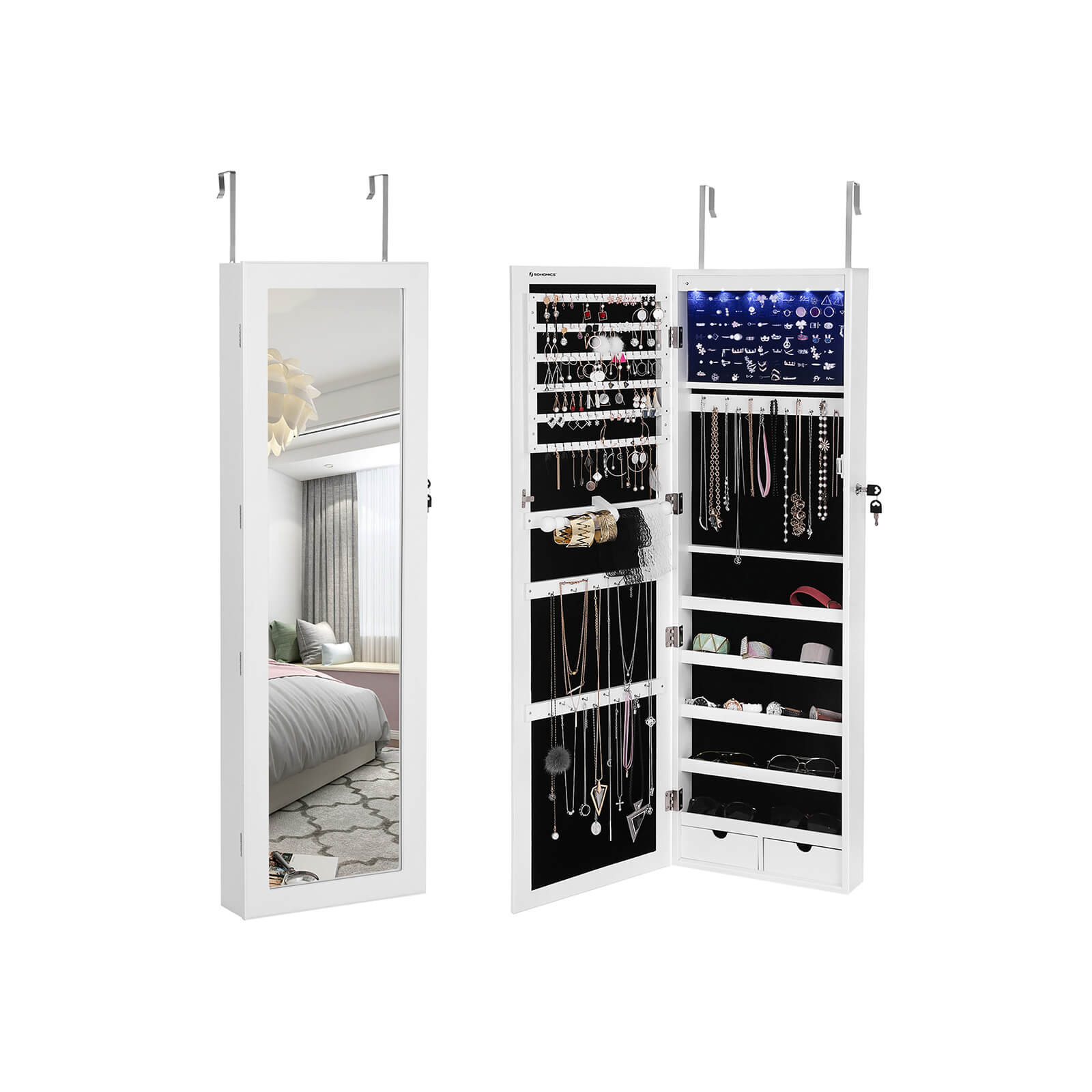 Hanging Jewellery Cabinet - Wood - White - Lockable with LED Light and Drawers