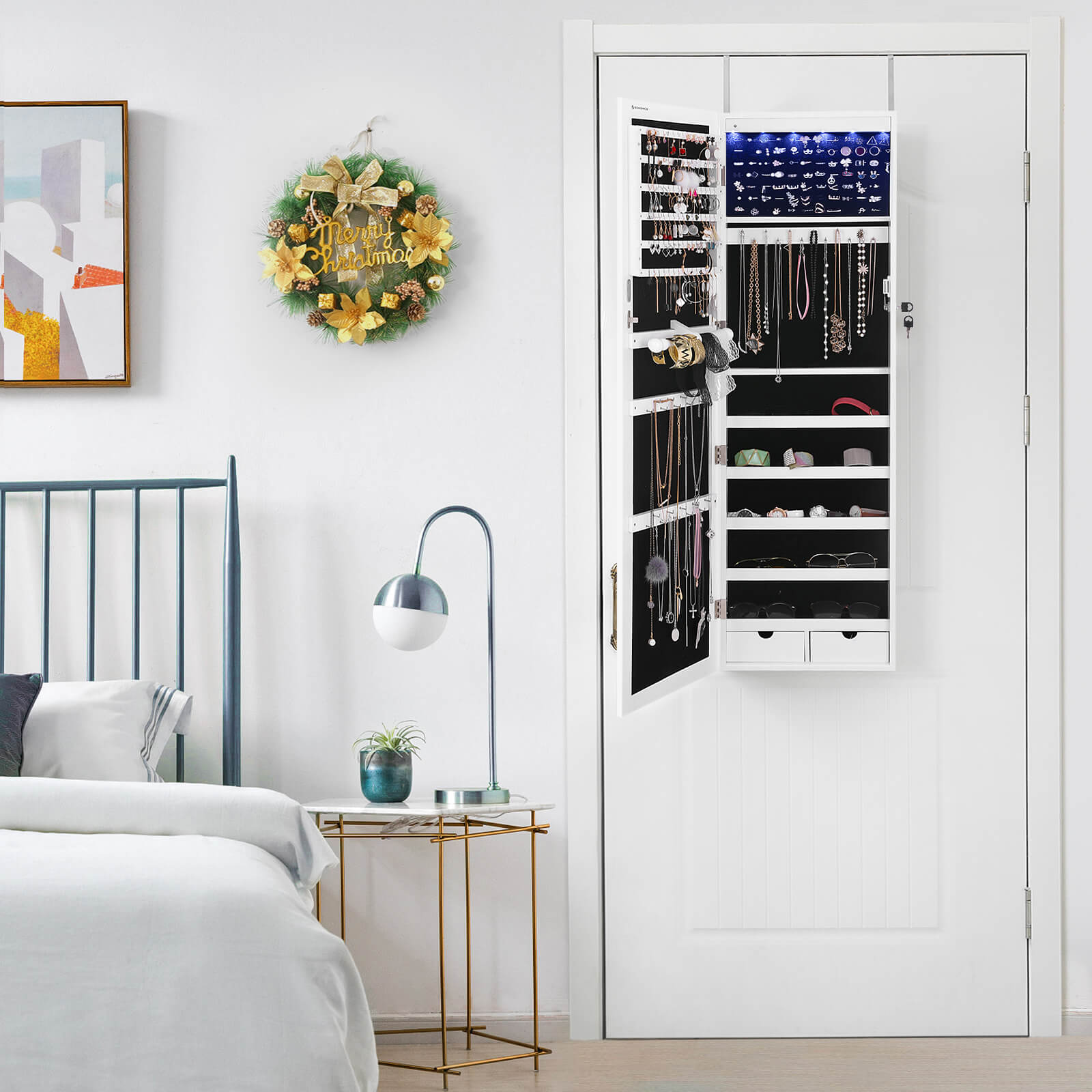 Hanging Jewellery Cabinet - Wood - White - Lockable with LED Light and Drawers