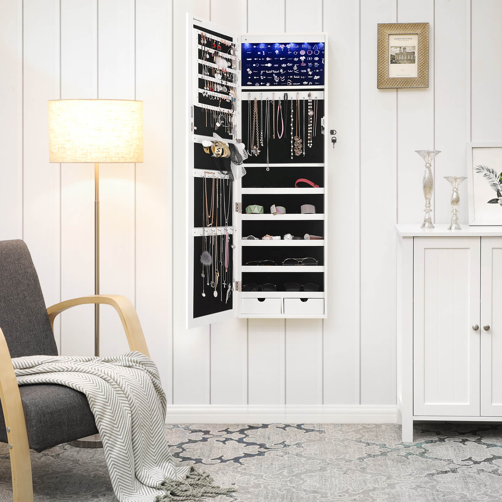 Hanging Jewellery Cabinet - Wood - White - Lockable with LED Light and Drawers