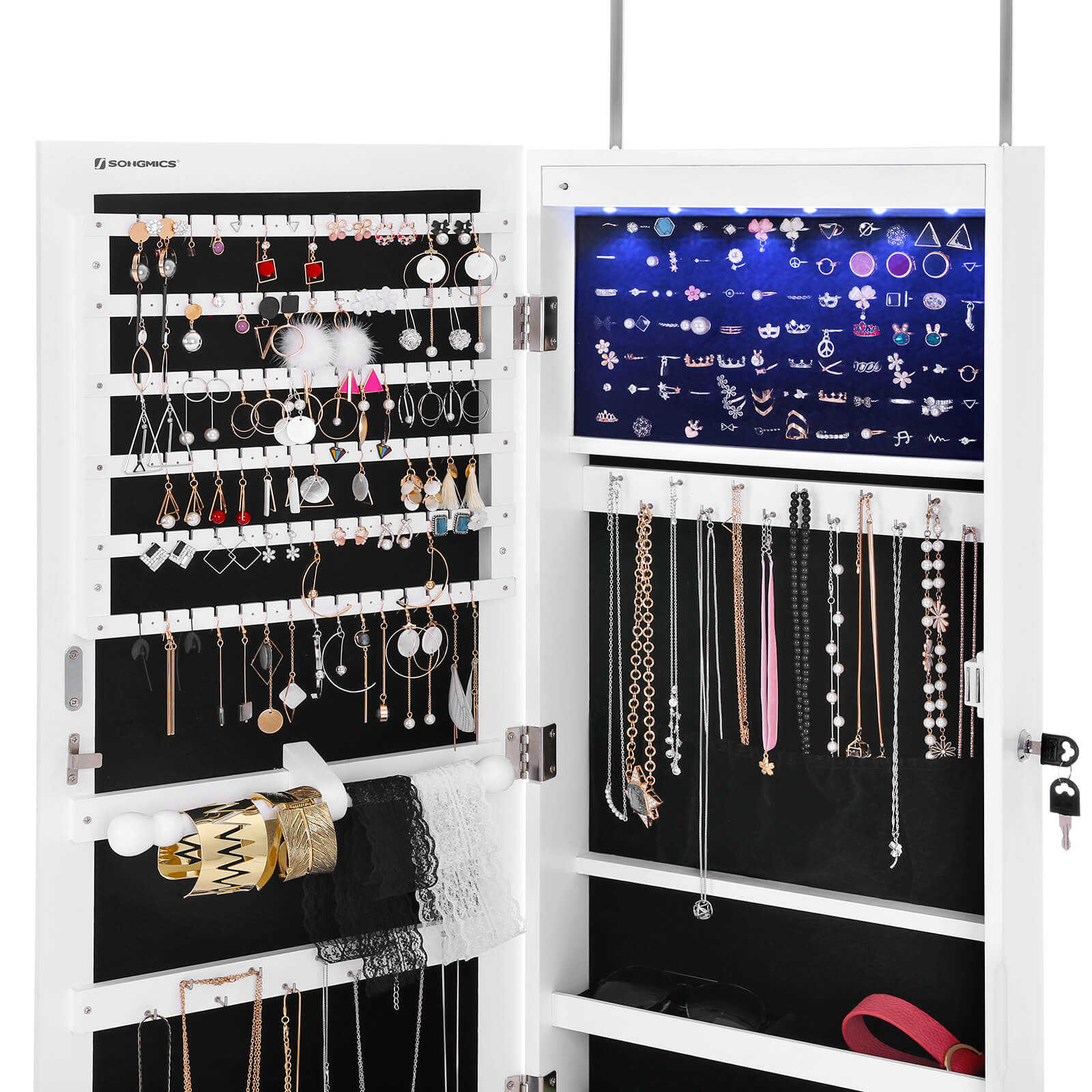 Hanging Jewellery Cabinet - Wood - White - Lockable with LED Light and Drawers