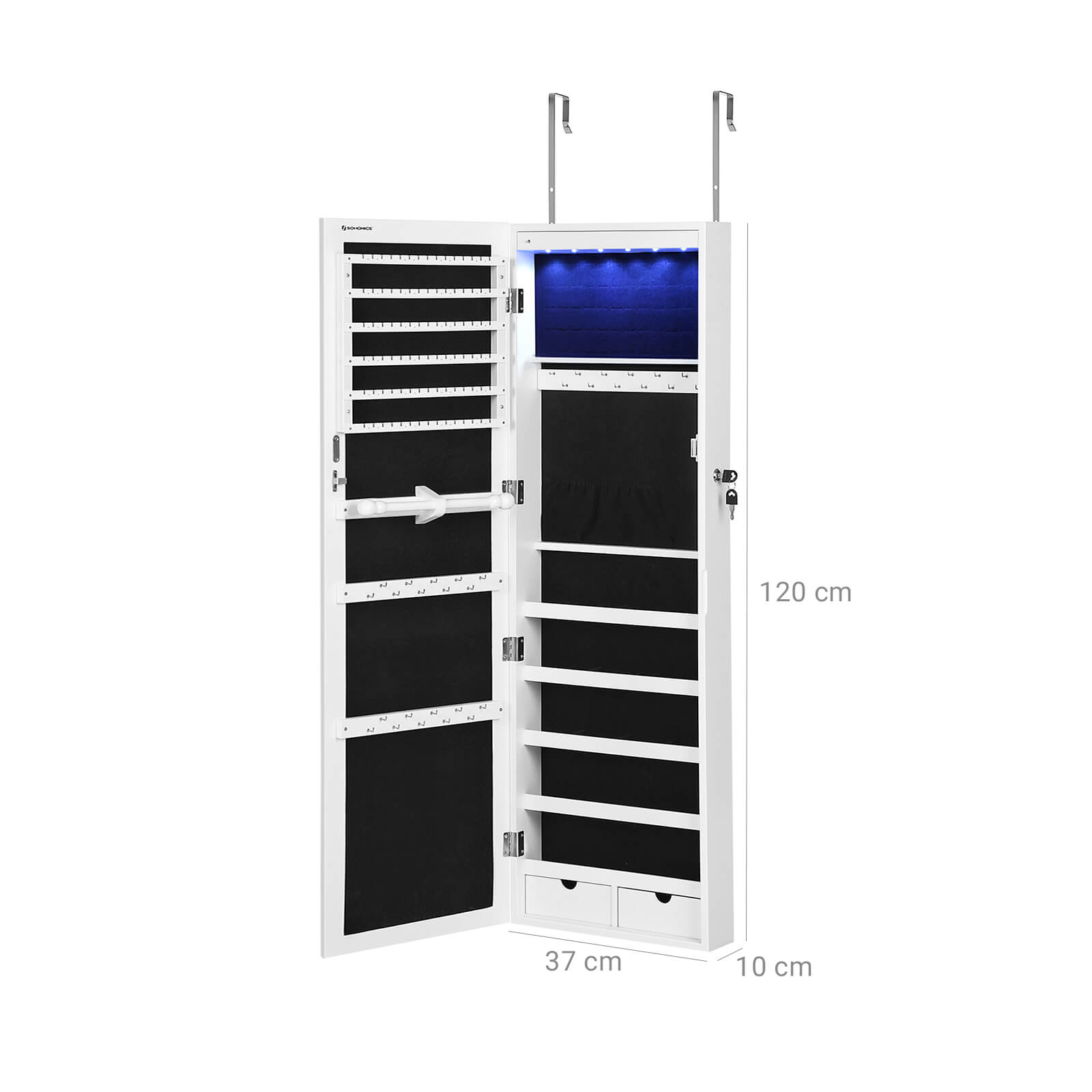 Hanging Jewellery Cabinet - Wood - White - Lockable with LED Light and Drawers