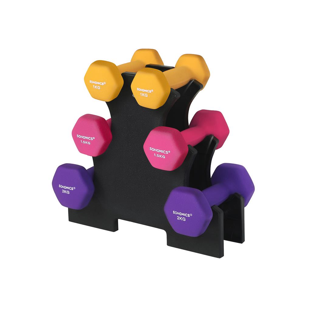 Hex Dumbbells Set - Neoprene - Yellow, Pink, and Purple - Includes Stand