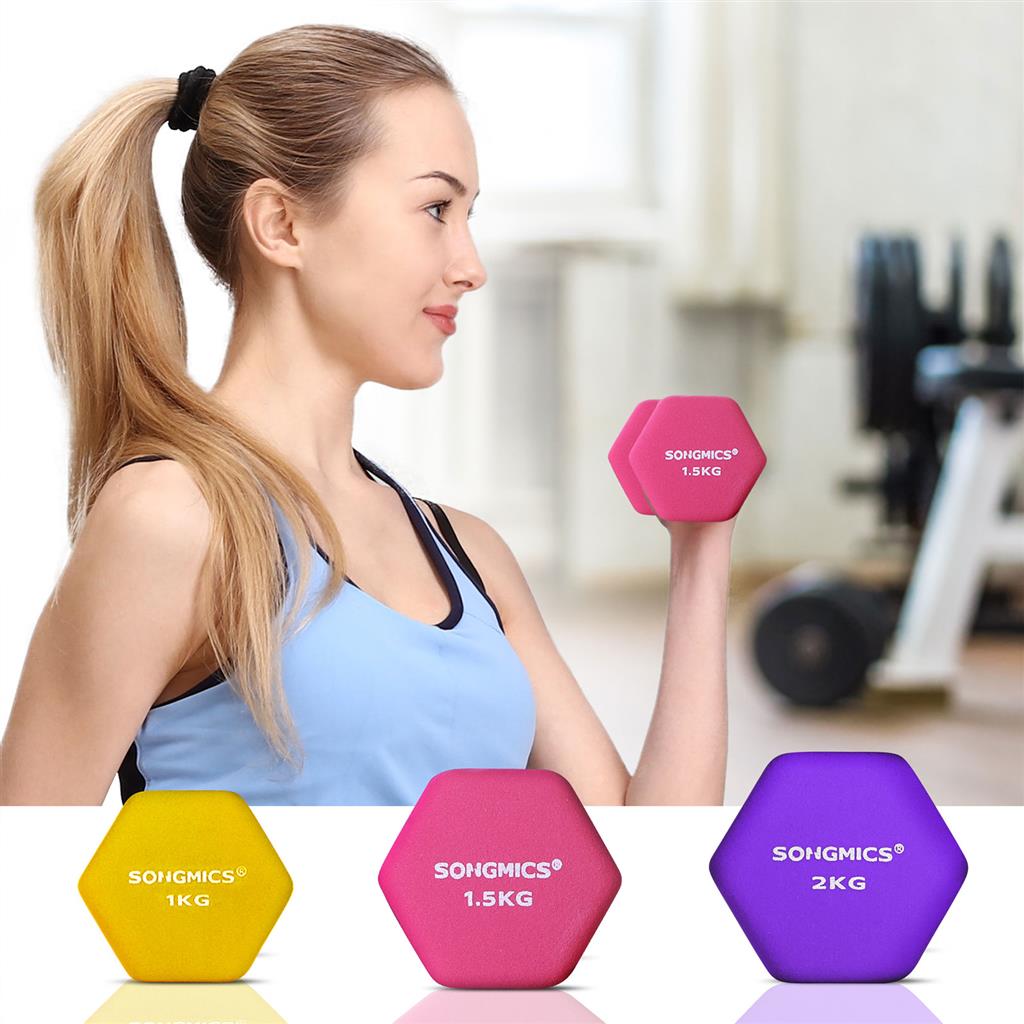 Hex Dumbbells Set - Neoprene - Yellow, Pink, and Purple - Includes Stand