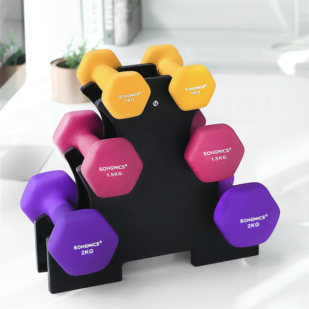 Hex Dumbbells Set - Neoprene - Yellow, Pink, and Purple - Includes Stand