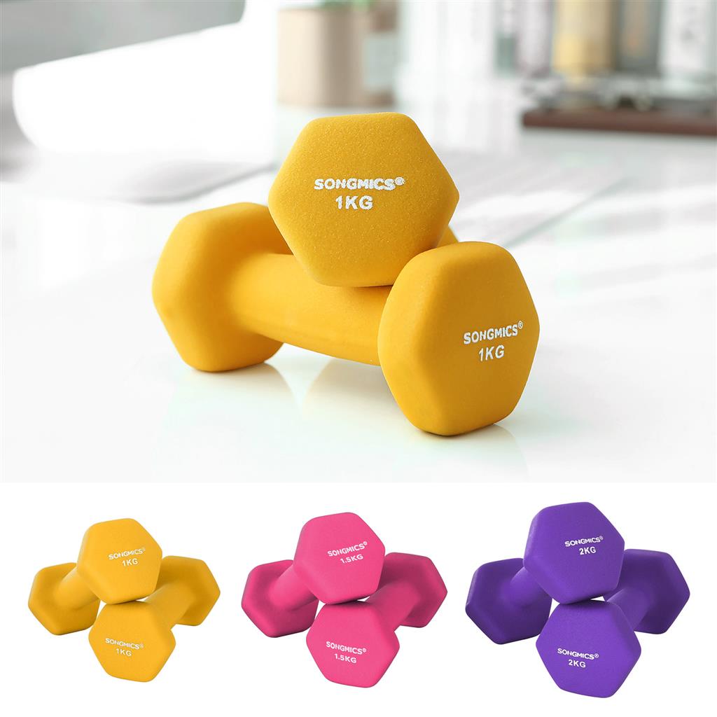 Hex Dumbbells Set - Neoprene - Yellow, Pink, and Purple - Includes Stand