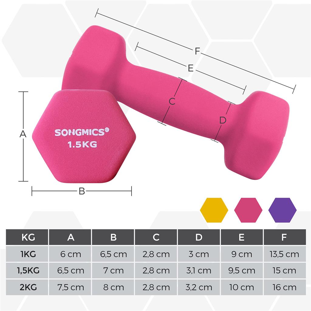 Hex Dumbbells Set - Neoprene - Yellow, Pink, and Purple - Includes Stand