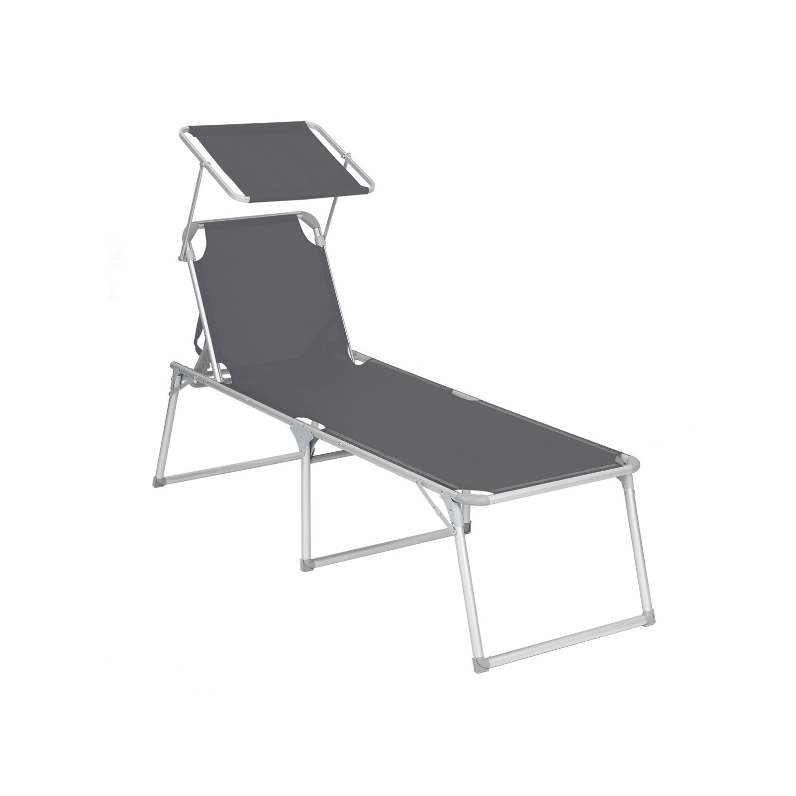 Folding Sun Lounger - Fabric - Grey - Adjustable Reclining Backrest with Sunshade