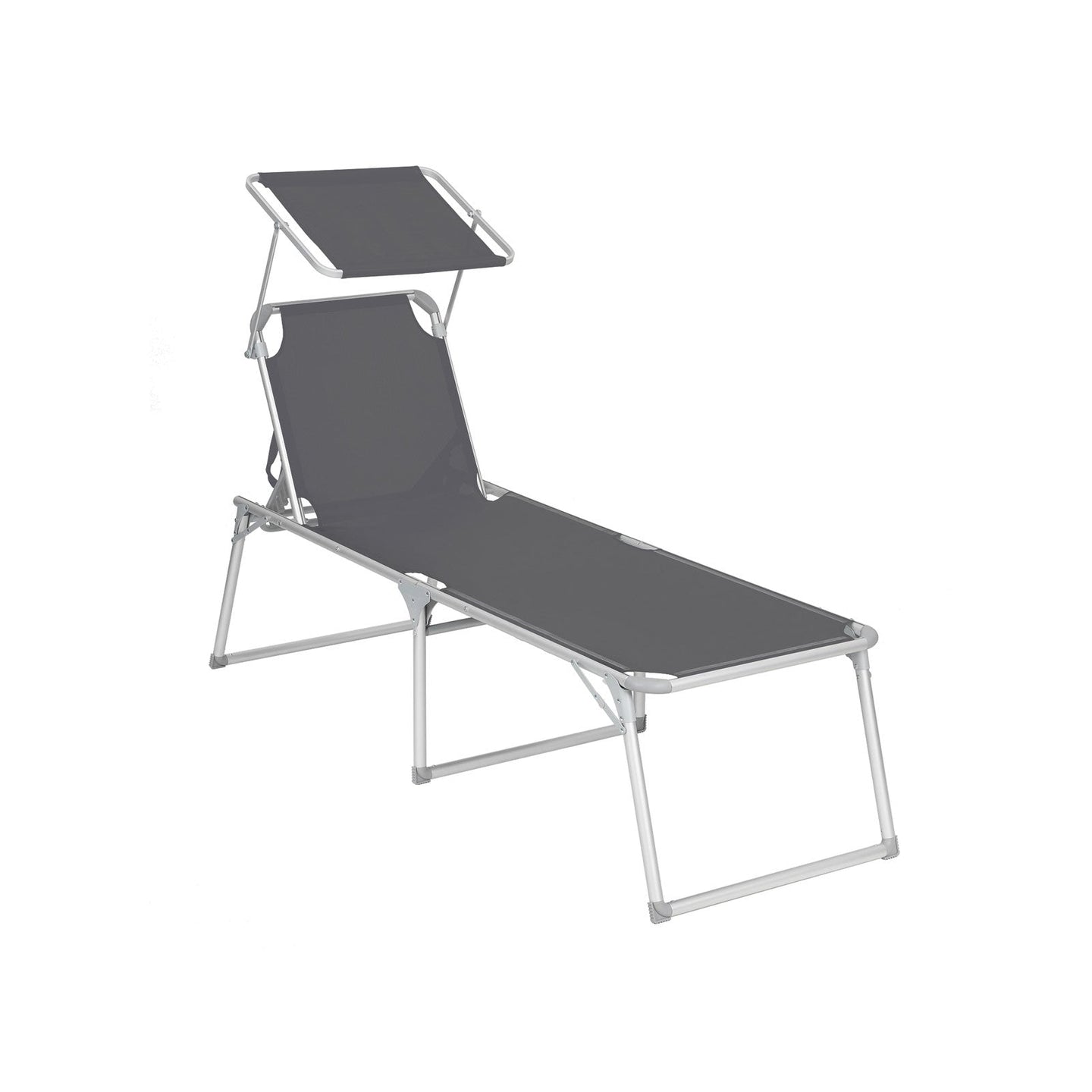 Folding Sun Lounger - Fabric - Grey - Adjustable Reclining Backrest with Sunshade