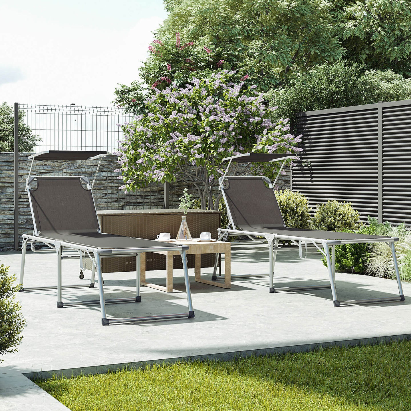 Folding Sun Lounger - Fabric - Grey - Adjustable Reclining Backrest with Sunshade