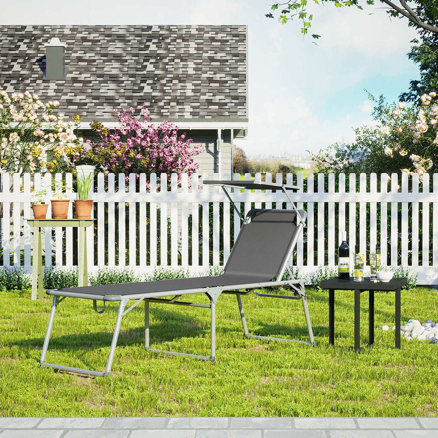 Folding Sun Lounger - Fabric - Grey - Adjustable Reclining Backrest with Sunshade